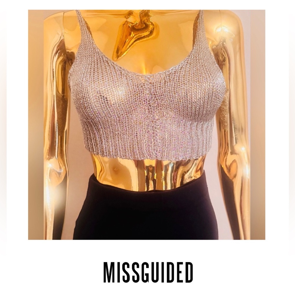 Missguided Gunmetal Bralette, Metallic Silver Knit Crop Top, Size M, NWT